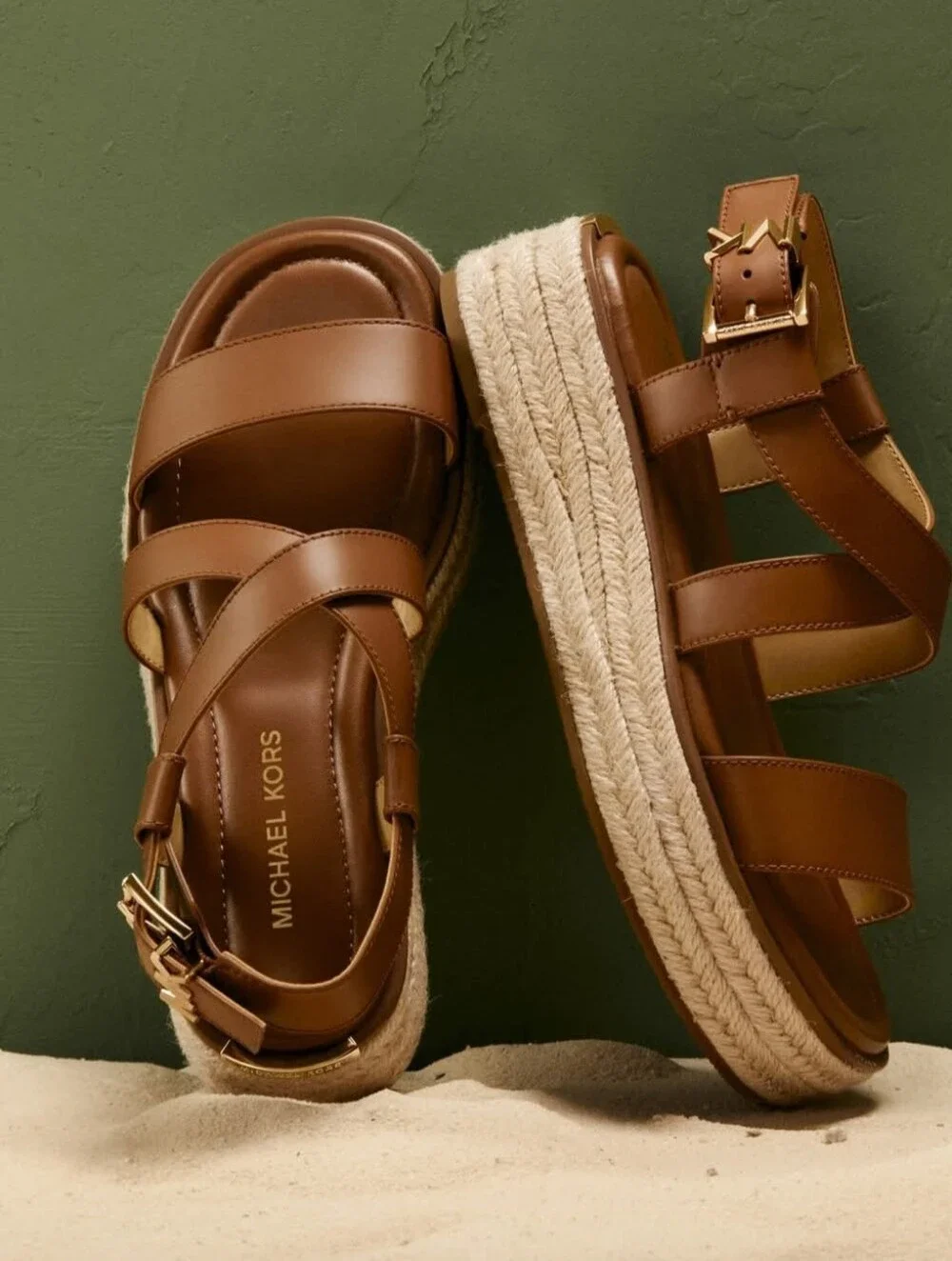 Michael Kors Brown Leather Espadrille Platform Sandals